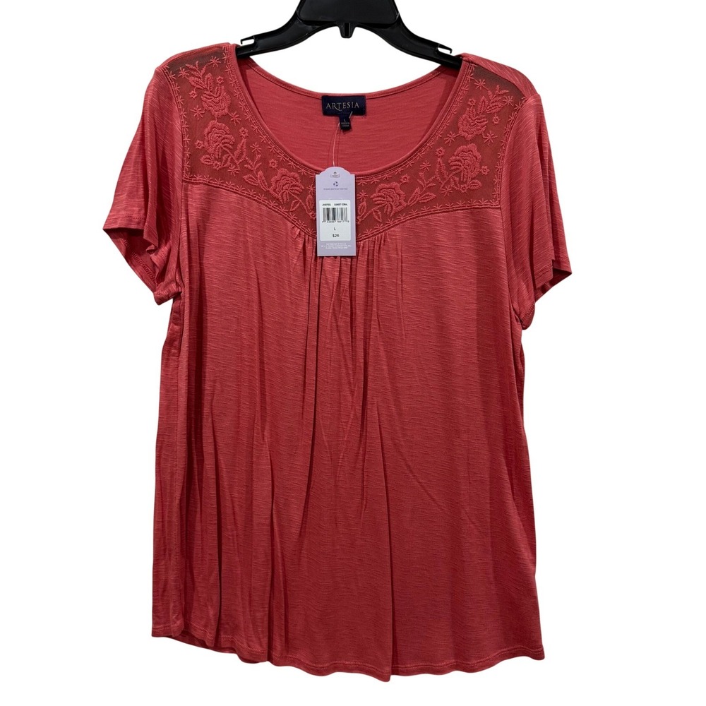 Artesia Women's Coral Lace Yoke Pleated Detail Short Sleeve Top Size L